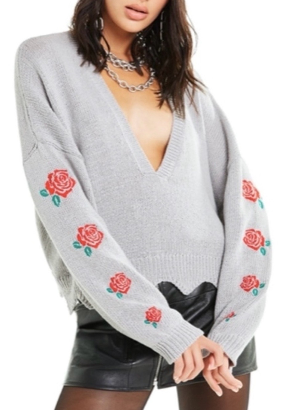 Wildfox Light Gray V-Neck Sweater with Red Rose Embroidery